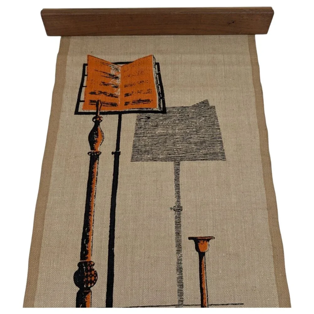 Mid Century Modern Silkscreen Scroll Tapestry Instrument On Linen MCM Horn *READ